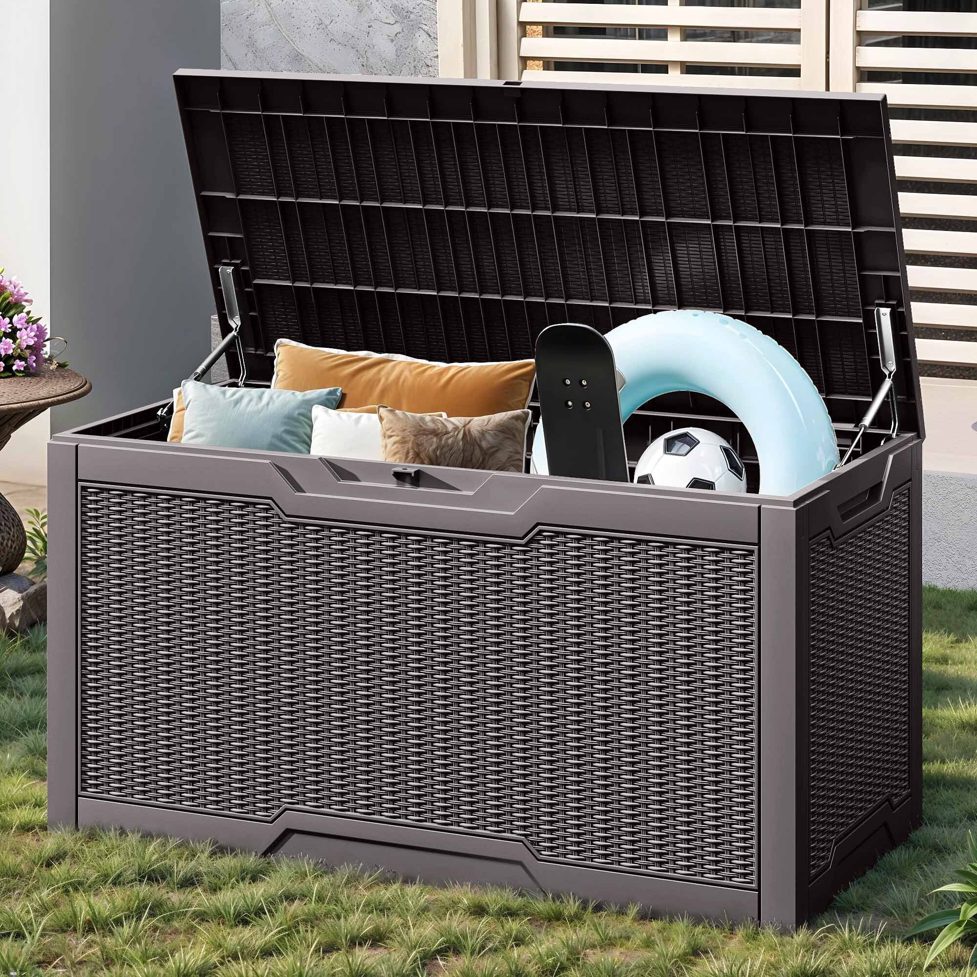 Uforic 100 Gallon Lockable Resin Outdoor Storage Deck Box, Uforic Multipurpose Storage Chest for Patio Accessories Garden Tools Daily Essentials, Weather Resistant, Dark Brown