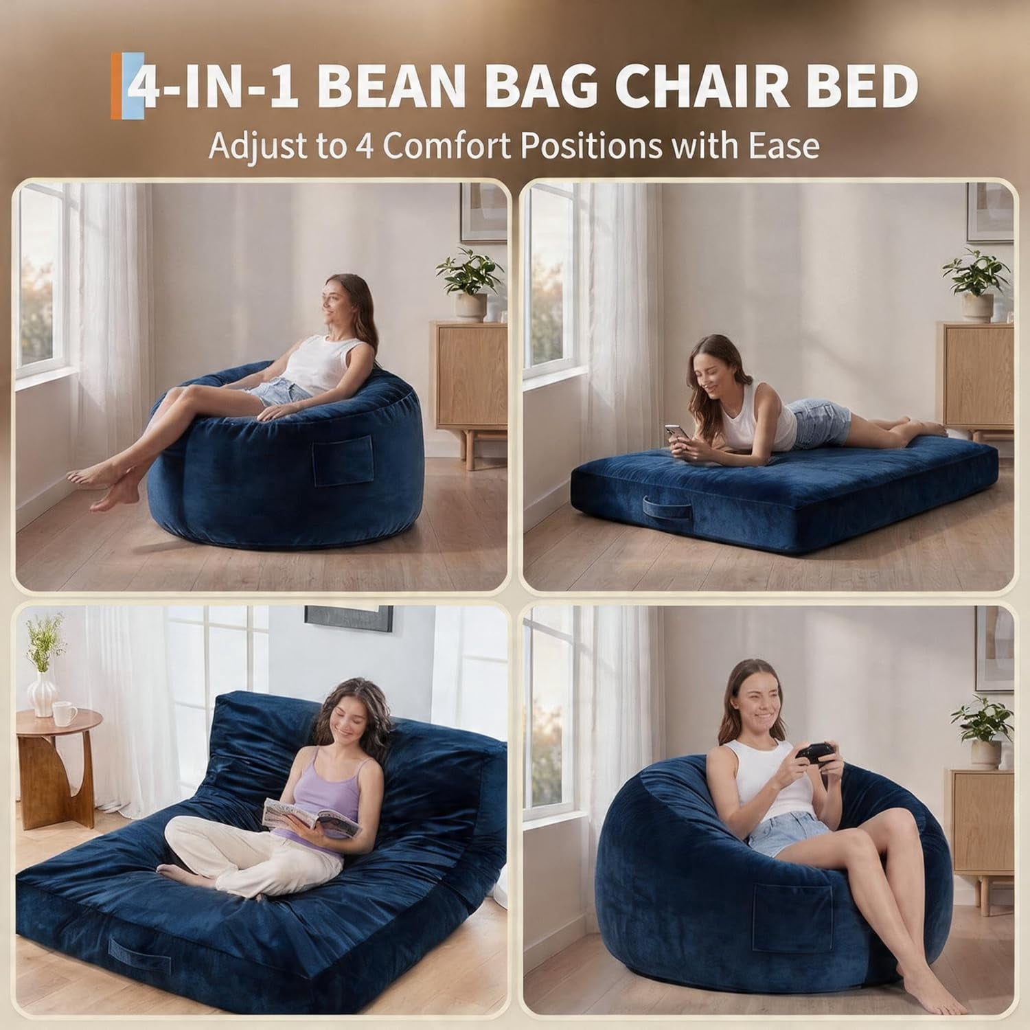4 in 1 Convertible Bean Bag Chair Bed for Adults 4ft Large Beanbag Chair with High Memory Foam Filler and Removable Cover, Oversized Comfy Flannel Bean Bag Couch Bed Lazy Sofa for Adults Teen