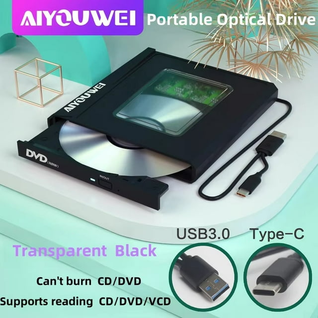 USB 3.0 Type-C DVD/CD Drive, High-Speed External DVD-RW Burner/Player for Desktop Computers and Laptops Black