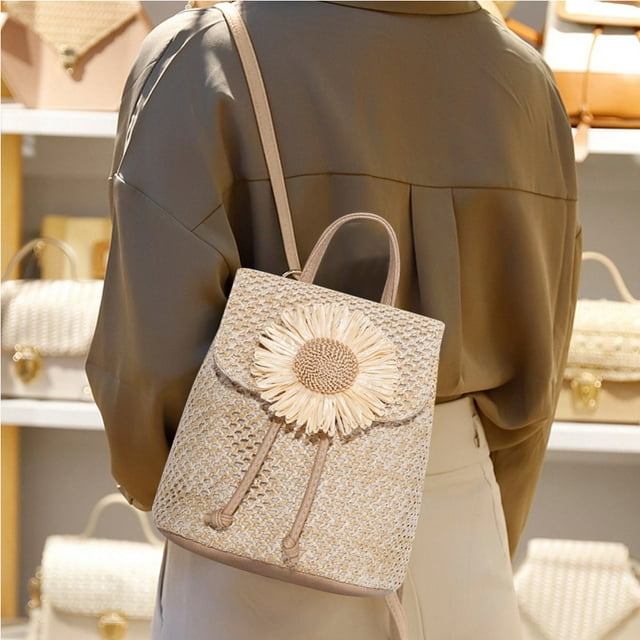 Sac à Dos Seau en Paille Tressée pour Femmes Été Plage Fleur en Cuir