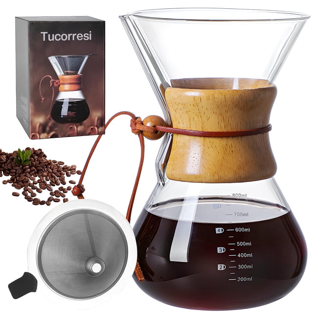 Juego de Cafetera Pour Over - 800ML Cafetera de Vidrio con Filtro Reutilizable de Acero Inoxidable 304 (800ML)