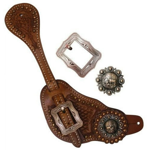 Showman Men's Tooled Leather Spur Straps w/ Copper Praying Cowboy Conchos