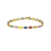 PINKCITYSHOPSTORE Rainbow Sapphire & CZ Diamond Tennis Bracelet - Oval Cuts -Multi Color Gemstone,14K Gold Plated, Colorful Bracelet Gemstones