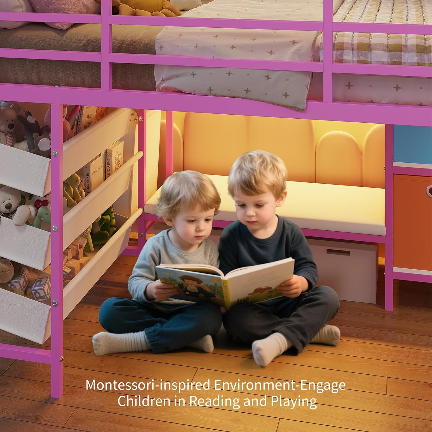 Mabor Twin Size Loft Bed with LED Lights & Reading Bench, Metal Loft Bed Frame with Bookshelf & Storage Basket & Stairs & Full-Length Guardrail for Bedroom, Pink