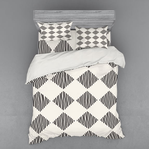 Ambesonne Abstract Bedding Set 4 Pcs, Modern Stripes in Squares, Queen, Dark Brown Eggshell