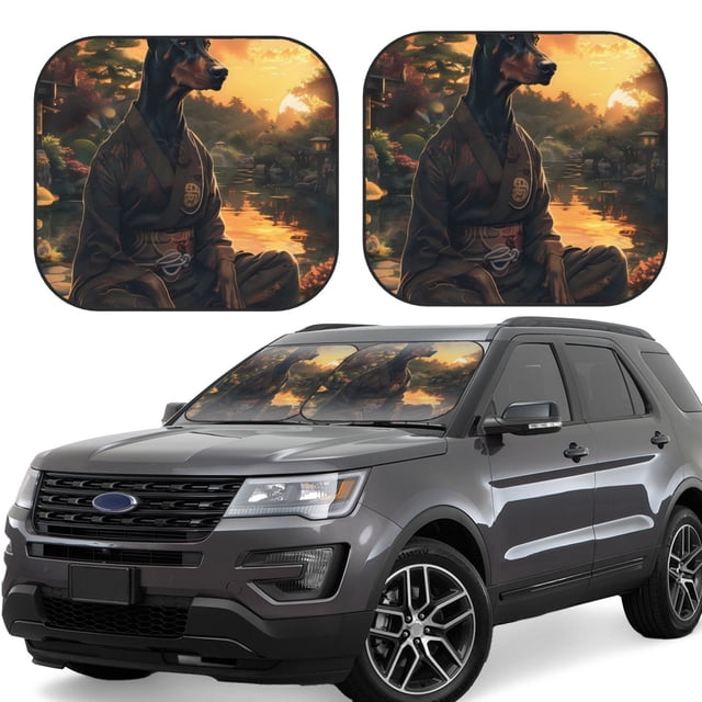 Wukai Sunset Meditating Doberman Car Front Windshield Sun Shade,Sun Visor Shield Block Automotive Interior Protector Blocks UV Rays-Medium