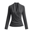 thumbnail image 4 of Bxsruta Women's Long Sleeve Wrap Top V Neck Ruched Blouse Slim Fit Workwear Shirt, 4 of 8