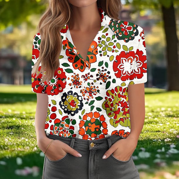 TaTaai Women's Chic Scattered Print Shirt Short Sleeve Collar Button Front Loose Fit Casual Summer Blouse Top Streetwear Daily Wear Gift