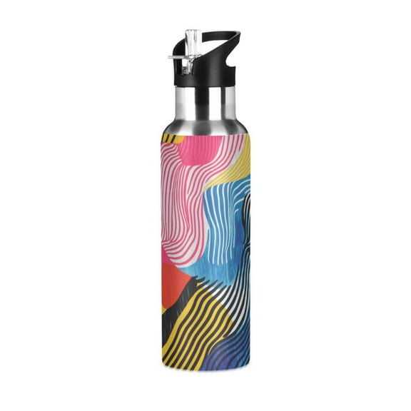 Yayeee 20oz Double Wall Stainless Steel Water Bottle with Flip Straw, Stripes Pattern