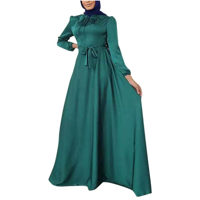 Robe de Prière Abaya Kaftan pour Femmes, Satin Uni, Col Rond, Manches Longues, Taille Portefeuille, Robe Maxi