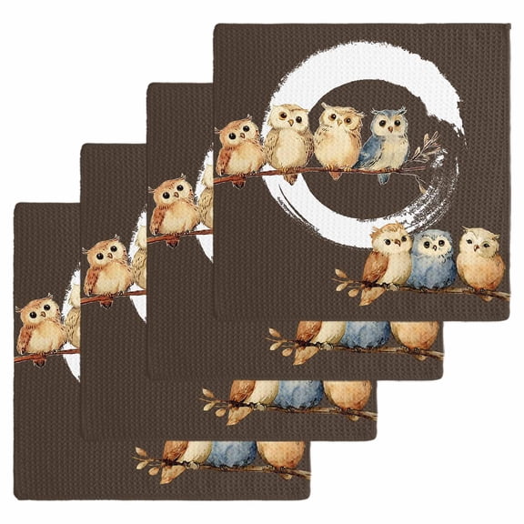 Japanese Style Kitchen Dish Towels for Drying Dishes Set of 4, Dark Brown Rustic Owl Birds Tree Branches Waffle Weave Microfiber Hand Tea Bathroom Towels Quick Dry & Absorbent Towel 12x12