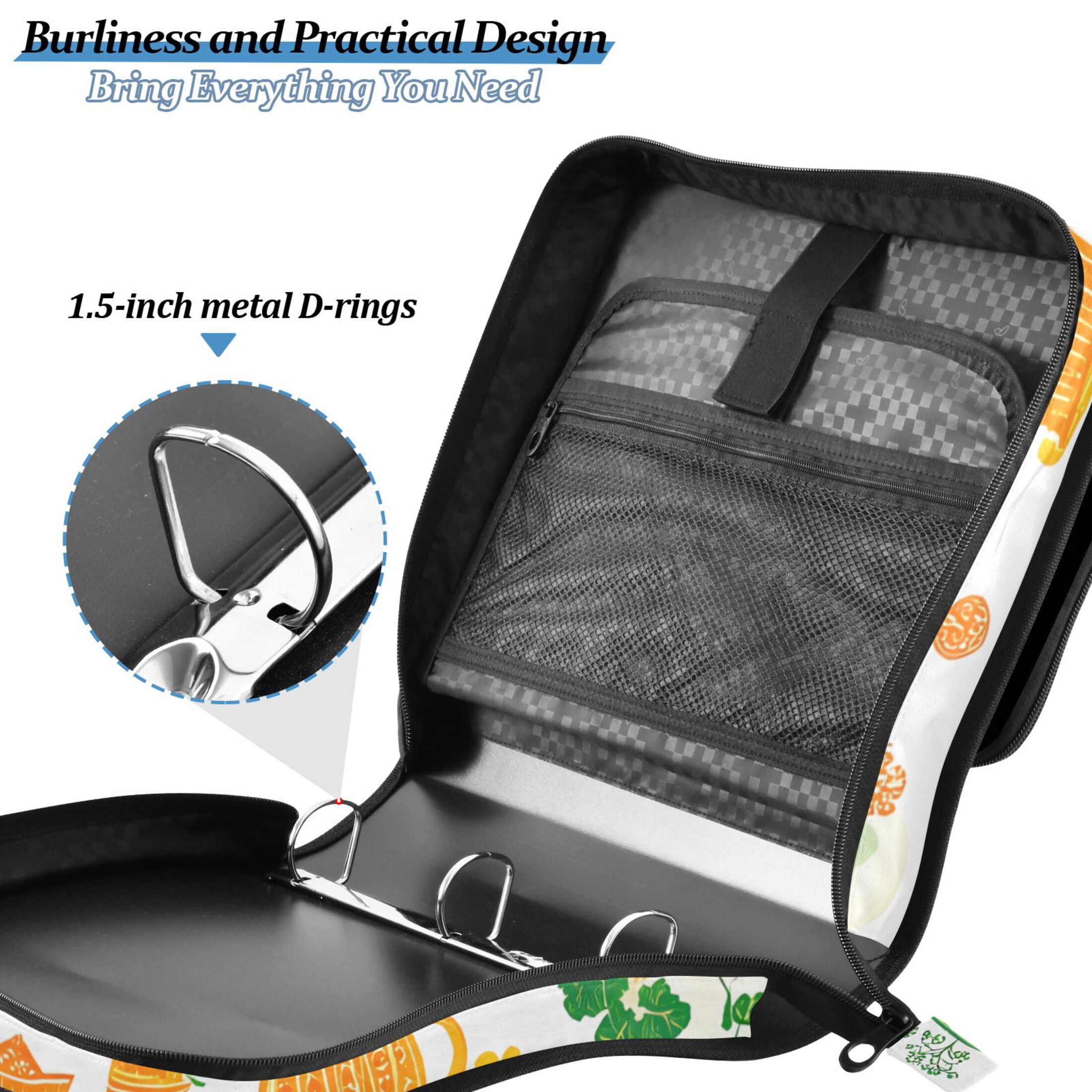 3 Ring Zipper Binder with Shoulder Strap Waterproof Trapper Keeper 2 Inch D-Ring 500 Sheets Capacity Elephant Food Leaves