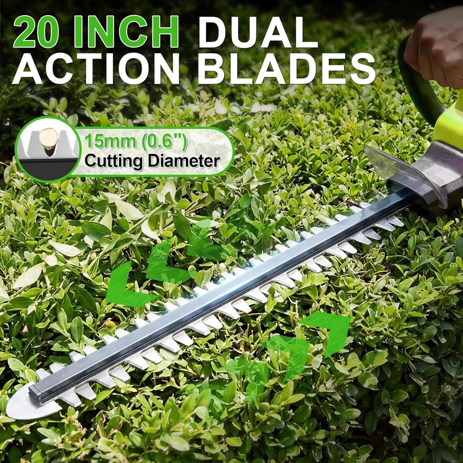 21V Lightweight Cordless Hedge Trimmer with Dual Batteries, 20 Inch Electric Bush Cutter for Shrubs