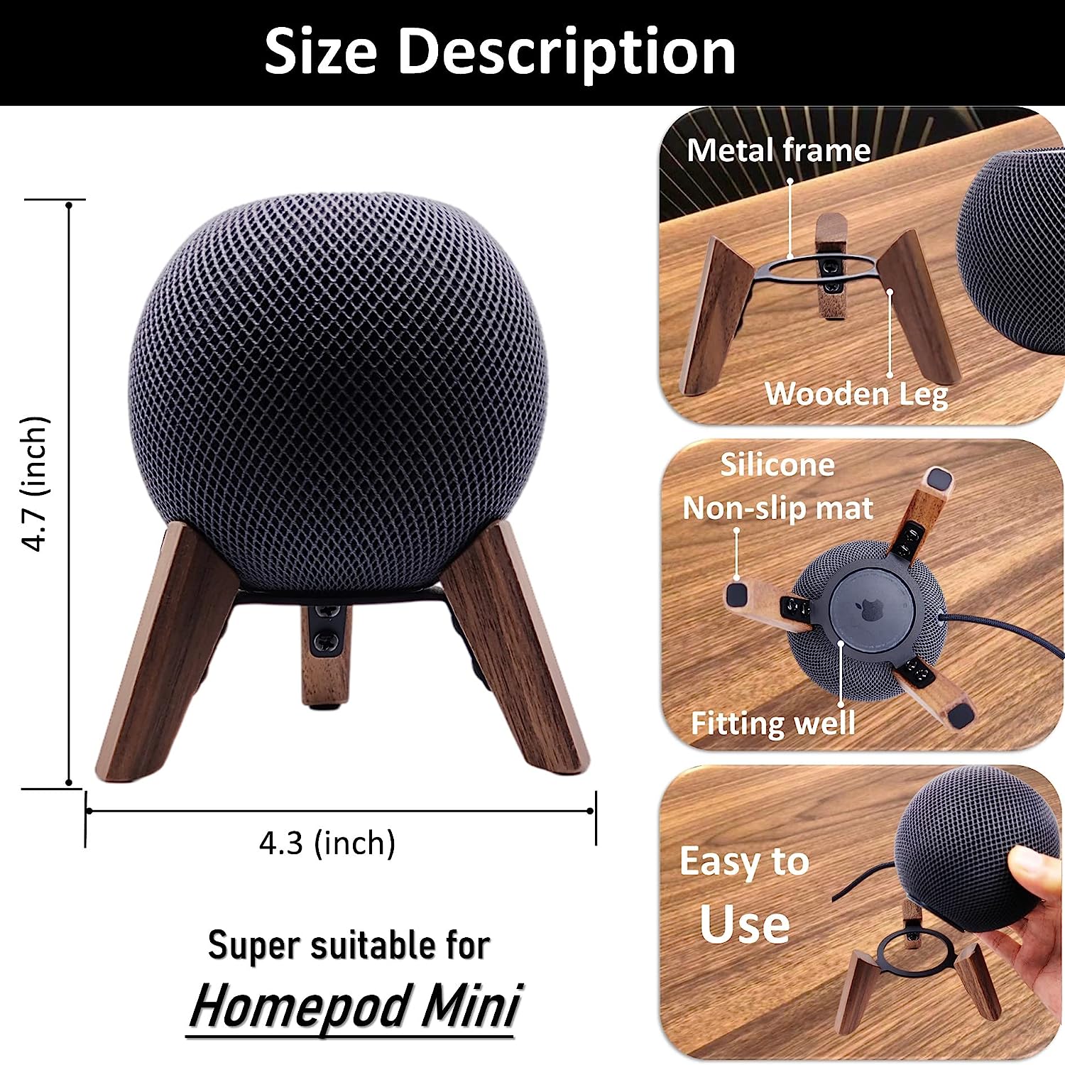 Real Wood Stand for Homepod Mini(2020 Released), Wooden Holder with Metal  Frame,Safe Stable Mount with Anti-Slip Silicone pad Protects Home pod Mini 