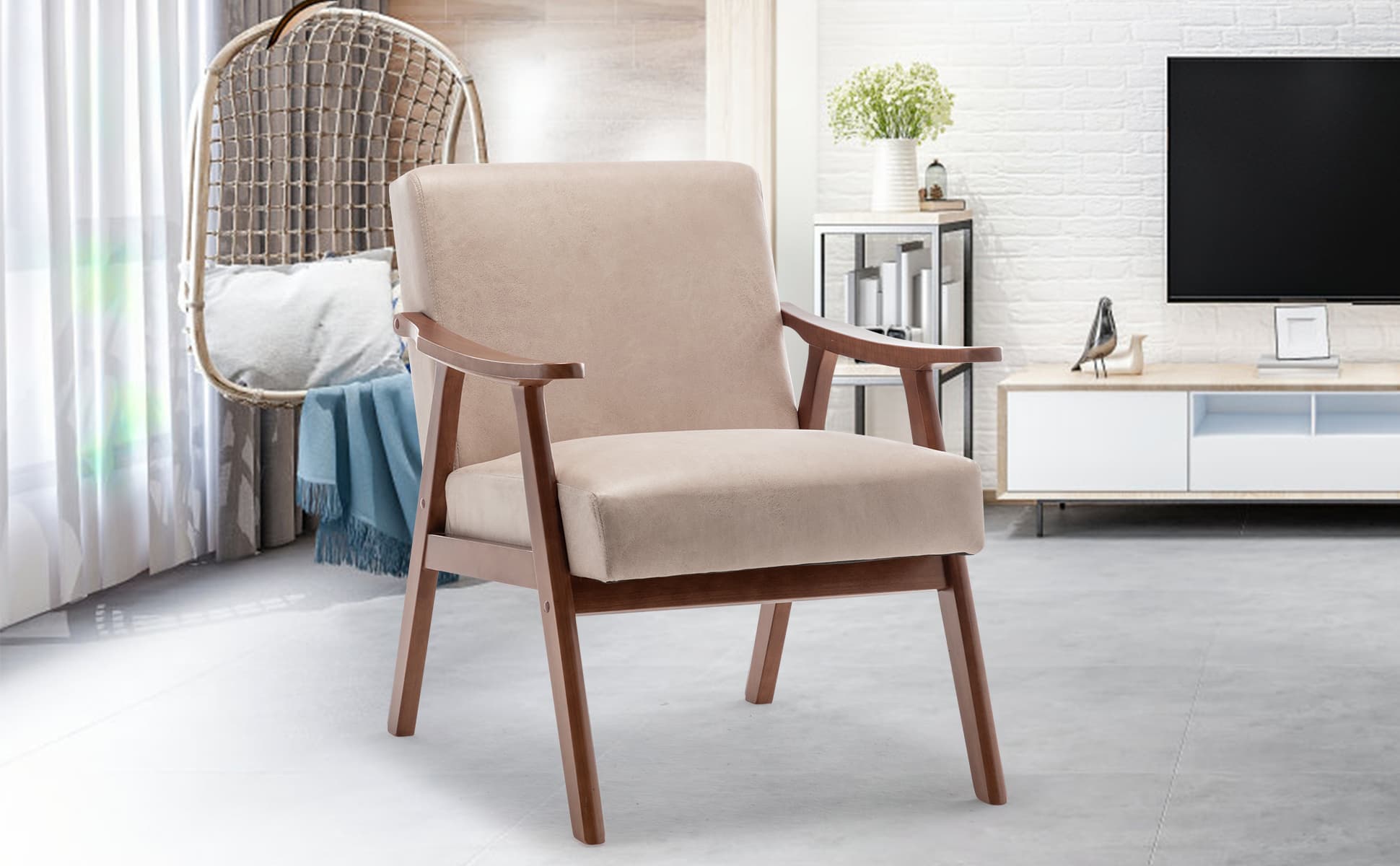 MAYEERTY Mid-Century Modern Chair Solid Wood Frame Accent Chair Extra-Thick Backrest Wingback Lounge Indoor Living Room Bedroom Reading Room