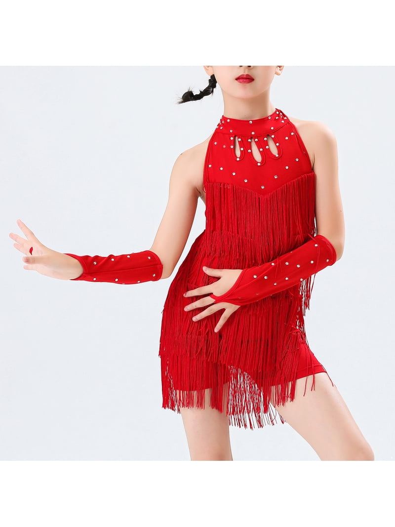 Doomiva Kids Girls Sequins Tassel Latin Ballroom Dance Dress Fringe Figure  Skating Dress with Gloves Dancewear Red 9-10 - Walmart.com