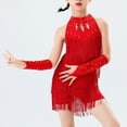 thumbnail image 6 of Alvivi Kids Girls Latin Ballroom Dancing Outfits Sleeveless Tassels Fringed Leotard Dresses with Gloves Red 7-8, 6 of 7