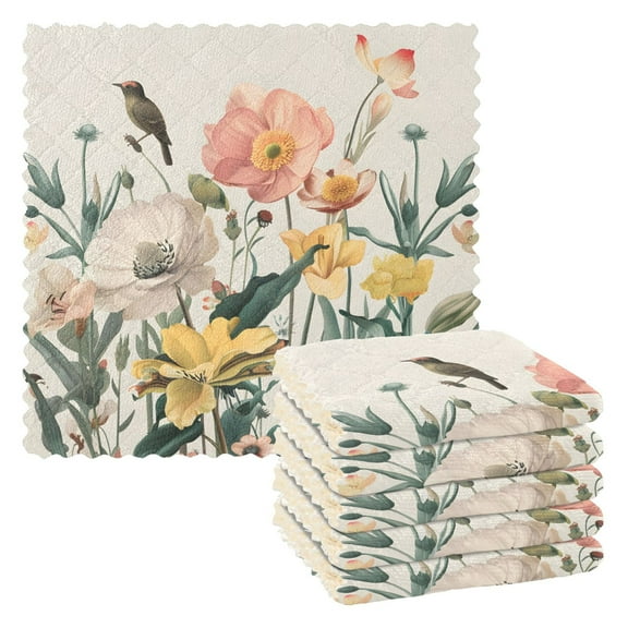 6 Packs Flowers with Bird Kitchen Dish Towels Soft Absorbent Dish Cloths 11"x11"