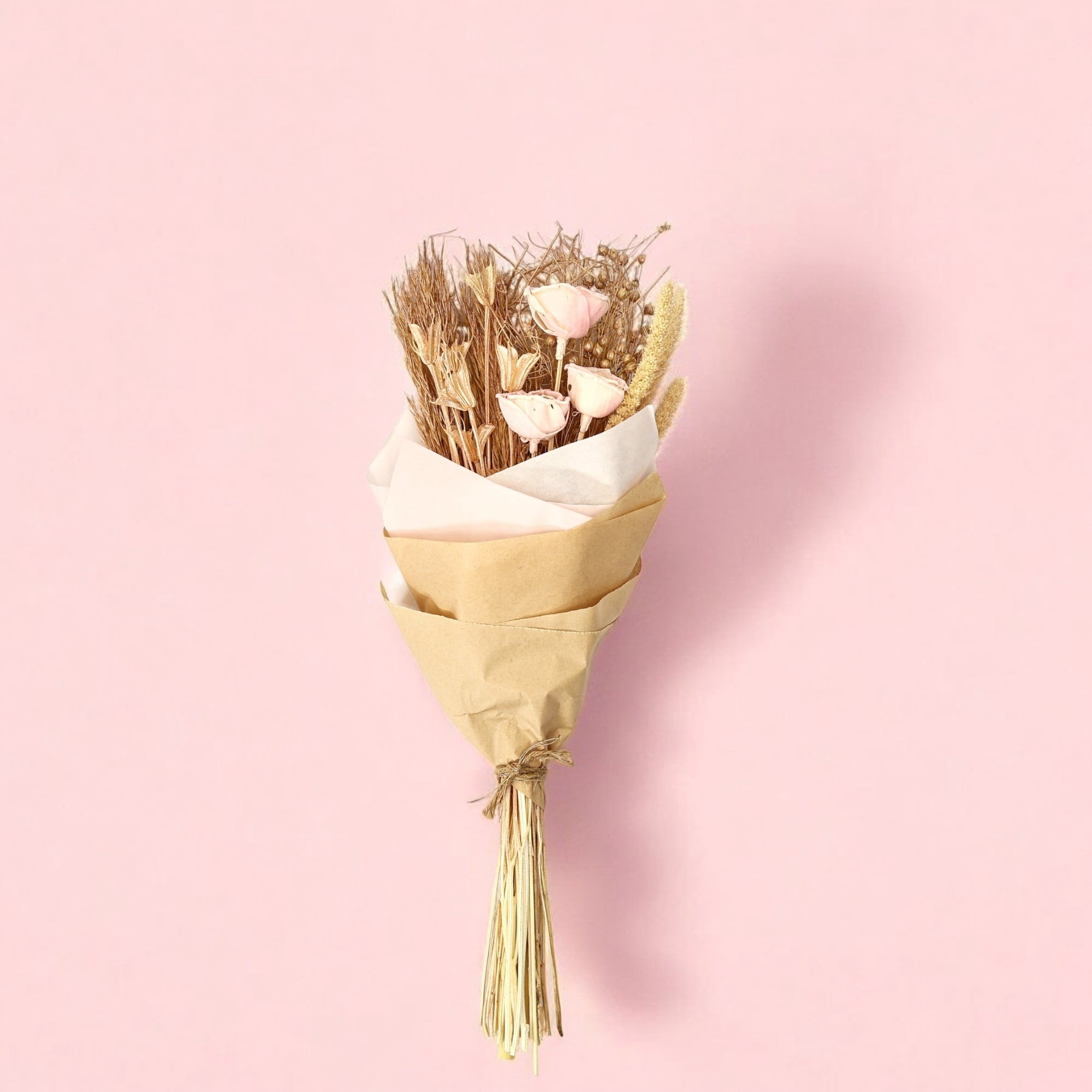 Handmade Dried Flower Bouquet with Pink Shola Flowers – Rustic Kraft Paper Wrap for Sustainable Home Decor & Thoughtful Gifting