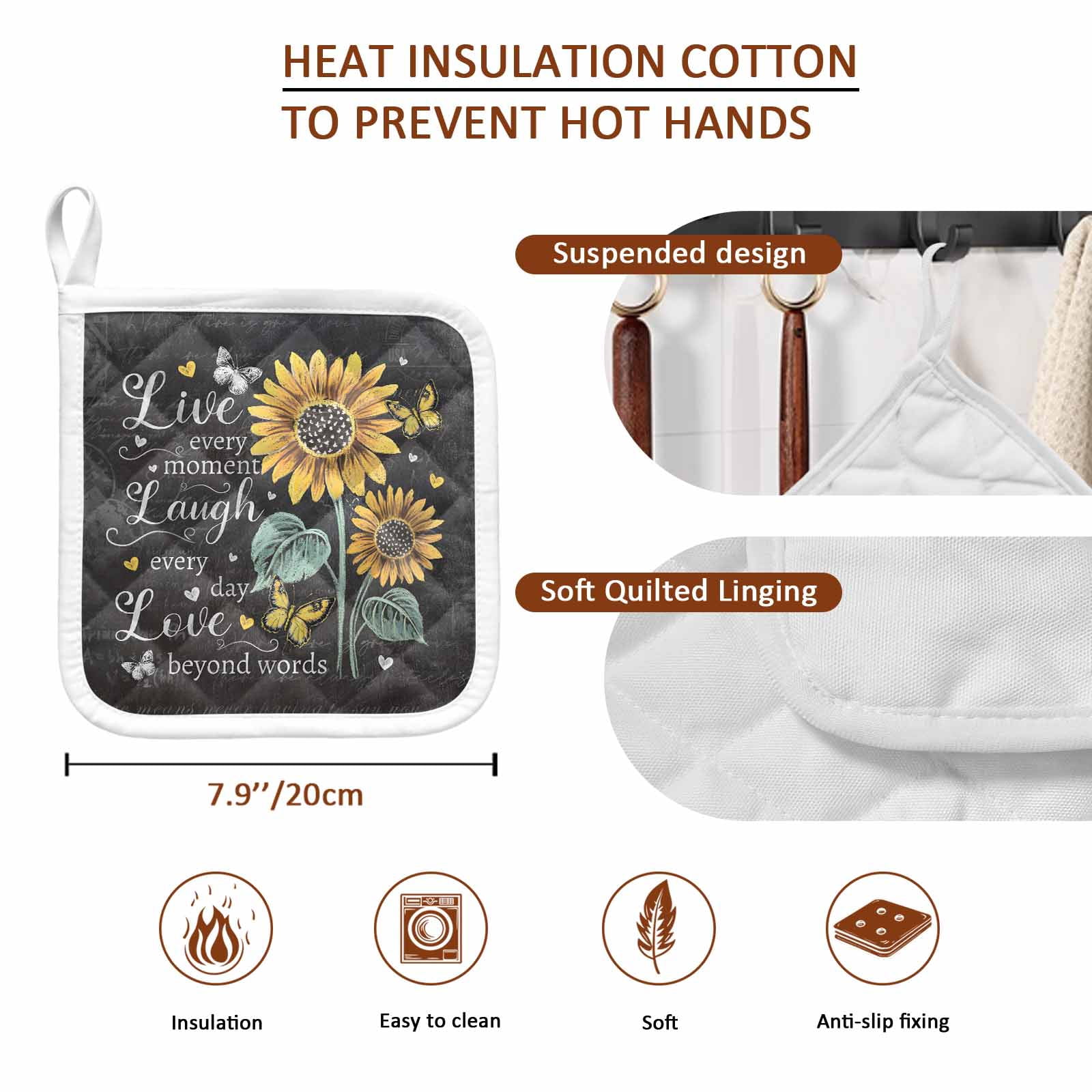 Retro Sunflower Pot Holders for Kitchen Heatproof Potholder, 5 Pack Spring Summer Farmhouse Floral Butterfly Hot Pads Multipurpose Oven Pads Cloth Potholders Trivet for Cooking Baking