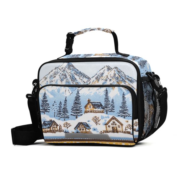 FORMRS Student Lunch Bag Insulated Reusable Cooler Box with Zipper Pockets, Winter Village