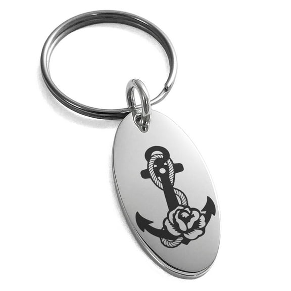 Tioneer Stainless Steel Nautical Floral Rose Anchor Engraved Small Oval Charm Keychain Keyring