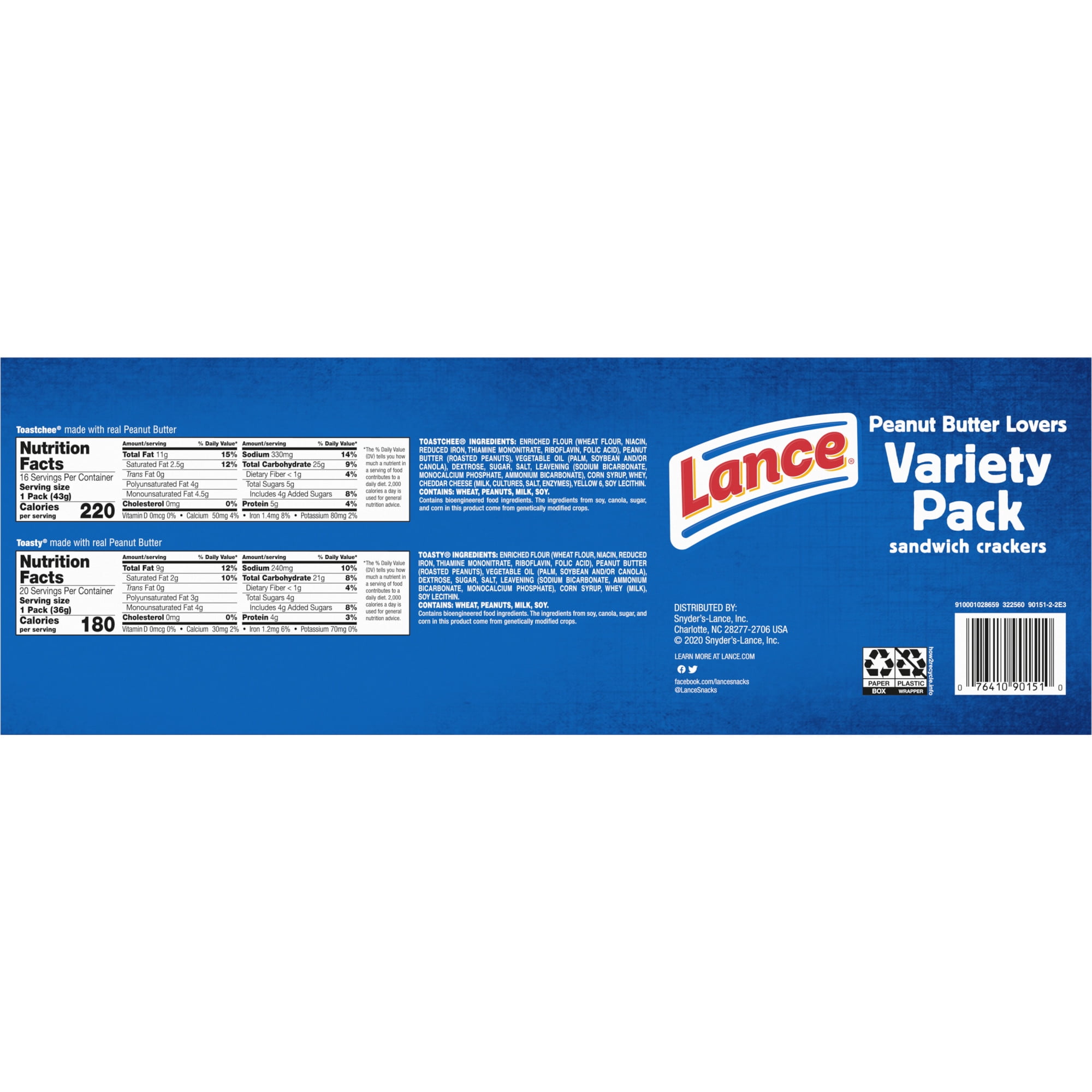 Lance Sandwich Crackers, Toasty and Toastchee Peanut Butter, 36 Ct