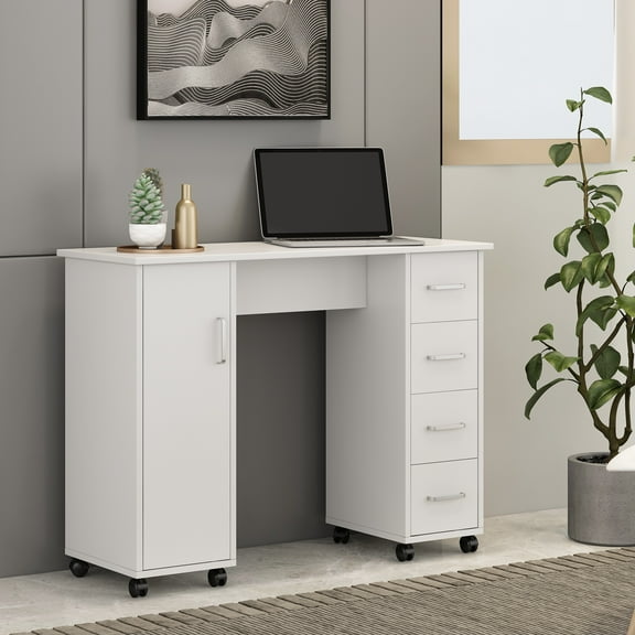 Office Desk with Drawer, Rolling Computer Desk for Home Office, Study Writing Table with 4 Drawers, Manicure Nail Desk with Storage Drawer, Office
