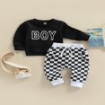 thumbnail image 3 of Newborn Boy 2Pcs Outfits  Letter Pattern Long Sleeve  Neck Tops + Checkerboard Printed Loose Fit Trousers, 3 of 7
