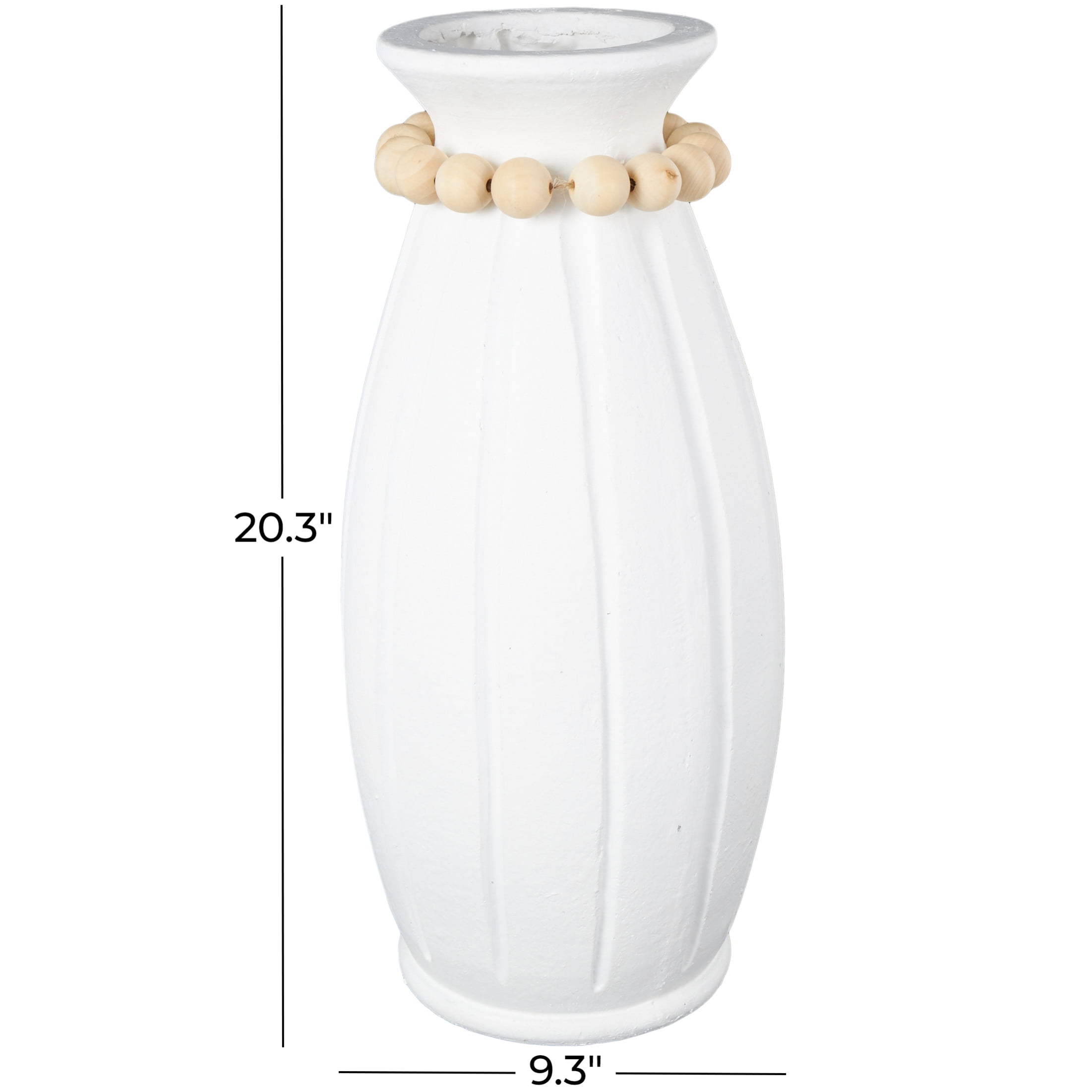 DecMode 20" White Magnesium Oxide Vase with Light Brown Beads and Carved Grooves