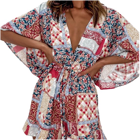Women Summer Casual Short Tee Romper Deep v Neck Long Puff Sleeve Plaid Playsuit Oversized Jumpsuit Overalls, 2025 Under 10 Dollar Limited Time