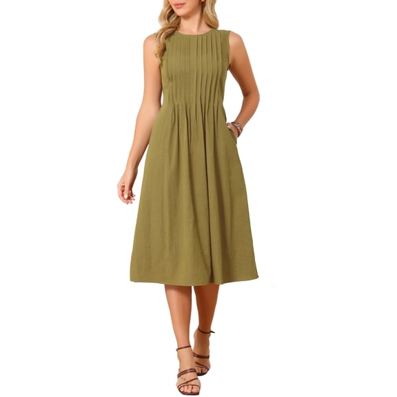 INSPIRE CHIC Mother's Day Women's Summer Dresses Sleeveless Crewneck Tie Waist Pleated Flowy Midi Tank Beach Dress S Olive Green