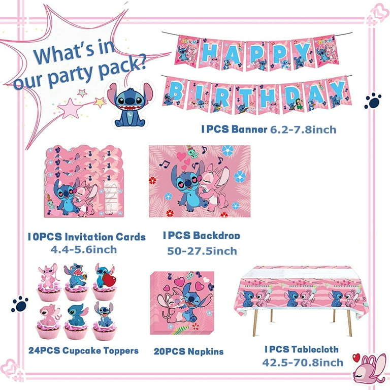 Pink Lilo and Stitch Birthday Party Supplies for 10 Guests, Party Birthday  Decorations included 10 Pcs Invation Card 