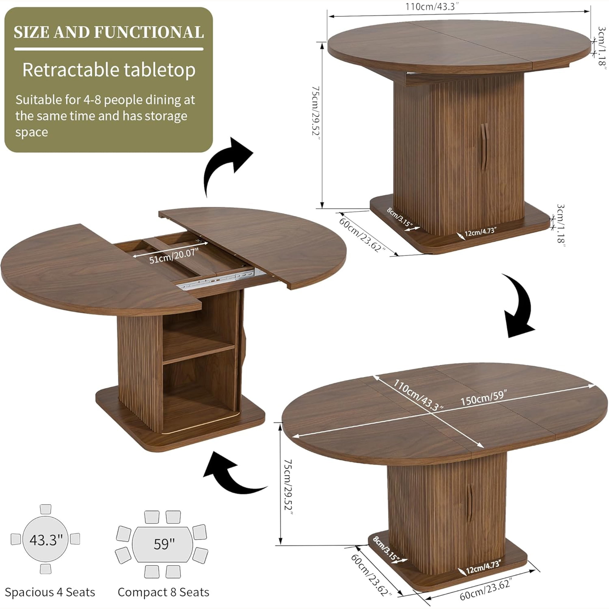 59 Inch Extendable Round Dining Table for 4-6, Kitchen Dining Table with Storage Shelf for Home Living Room, Walnut