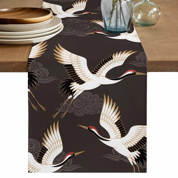 White Crane Table Runner, Vintage Chinese Auspicious Cloud Art Brown Washable Cotton Linen Table Runners 48 Inches Long, Dresser Scarf Runner for Nightstand/Coffee/End Tables 13''x48''