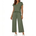 thumbnail image 2 of SEMPAI Travel Outfits for Women 2 Piece Sets Summer Lounge Short Sleeve Button V Neck Tops Drawstring Wide Leg Pants Set, 2 of 5