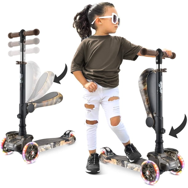 Scooter de 3 Ruedas Hurtle para Niños y Niñas 1 Año en Adelante, Patin del Diablo, Luces LED en las Ruedas, Manillar Ajustable y Asiento Plegable, Modo Sentado o de Pie con Freno, Arbol