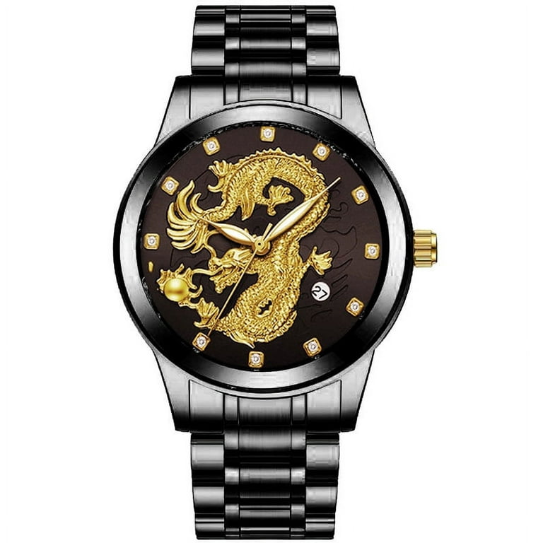 Men Luxury Gold Dragon Watch Waterproof Sport for Men Boys Steel Belt Gold Black, Men's, Grey Type