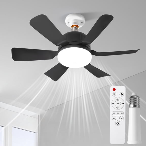 Socket Fan Light with Remote, E27 Screw-in Ceiling Fan with Light, 3 Color Stepless Dimming, 6 Blades, Black, Portable Fan Light for Bedroom, Kitchen, Living Room & Small Spaces