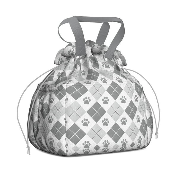Pawprints Argyle Drawstring Lunch Bag Women - Drawstring Lunch Bag Insulated for Work Office - Stain-Resistant Large Lunchbags for Women with Multi-Pockets