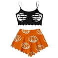 thumbnail image 2 of Miaoju Halloween Pjs For Women Spooky Vest And Shorts Sleepwear Set With Skull And Crossbones Print In Orange Size S Casual Holiday Nightwear Loungewear, 2 of 5