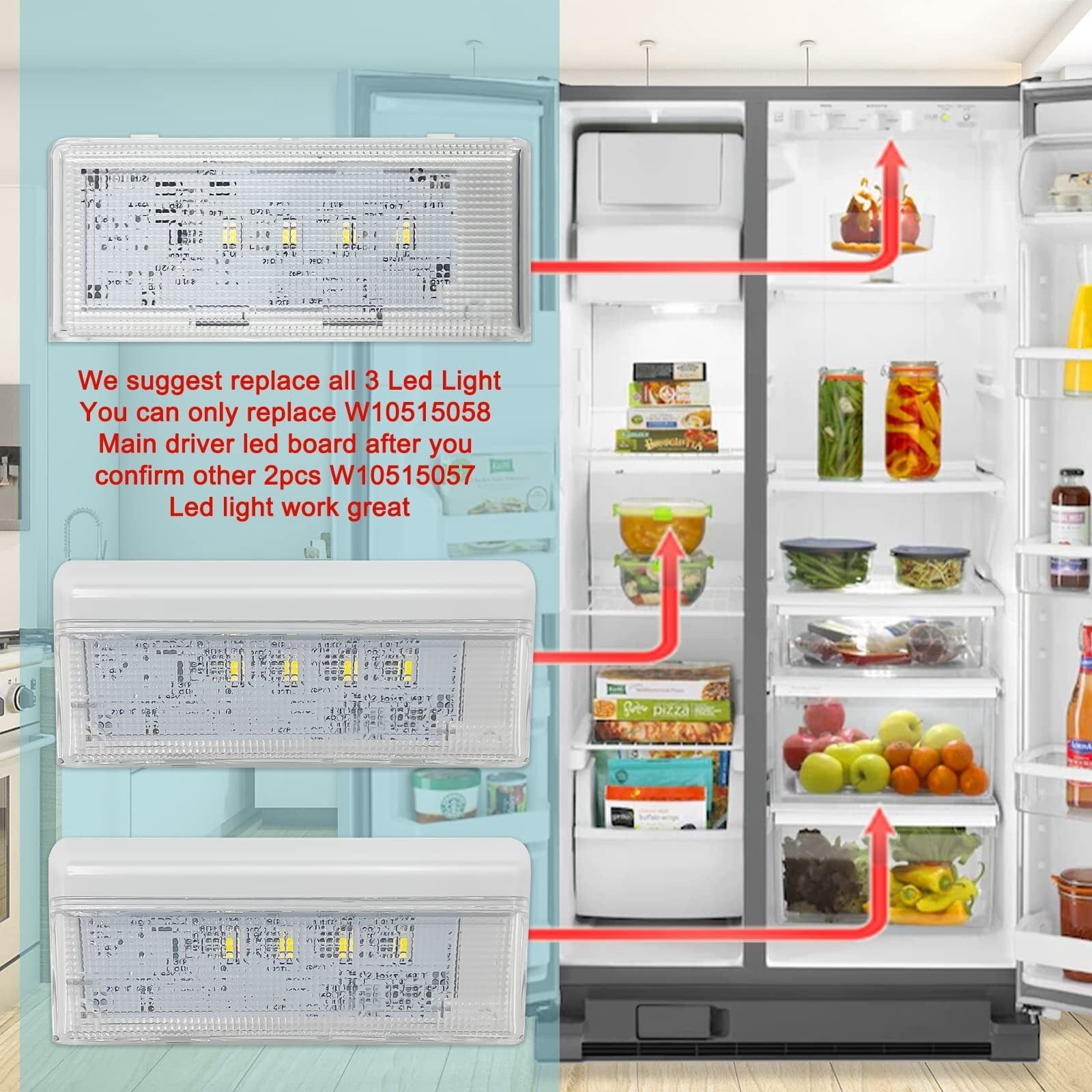 W10515058 and W10515057 Refrigerator LED Light 2PCS with Cover Compatible for Kenmore Maytag Whirlpool Refrigerator LED Light Replaces WRS325FDAM02 WRS325FDAM04