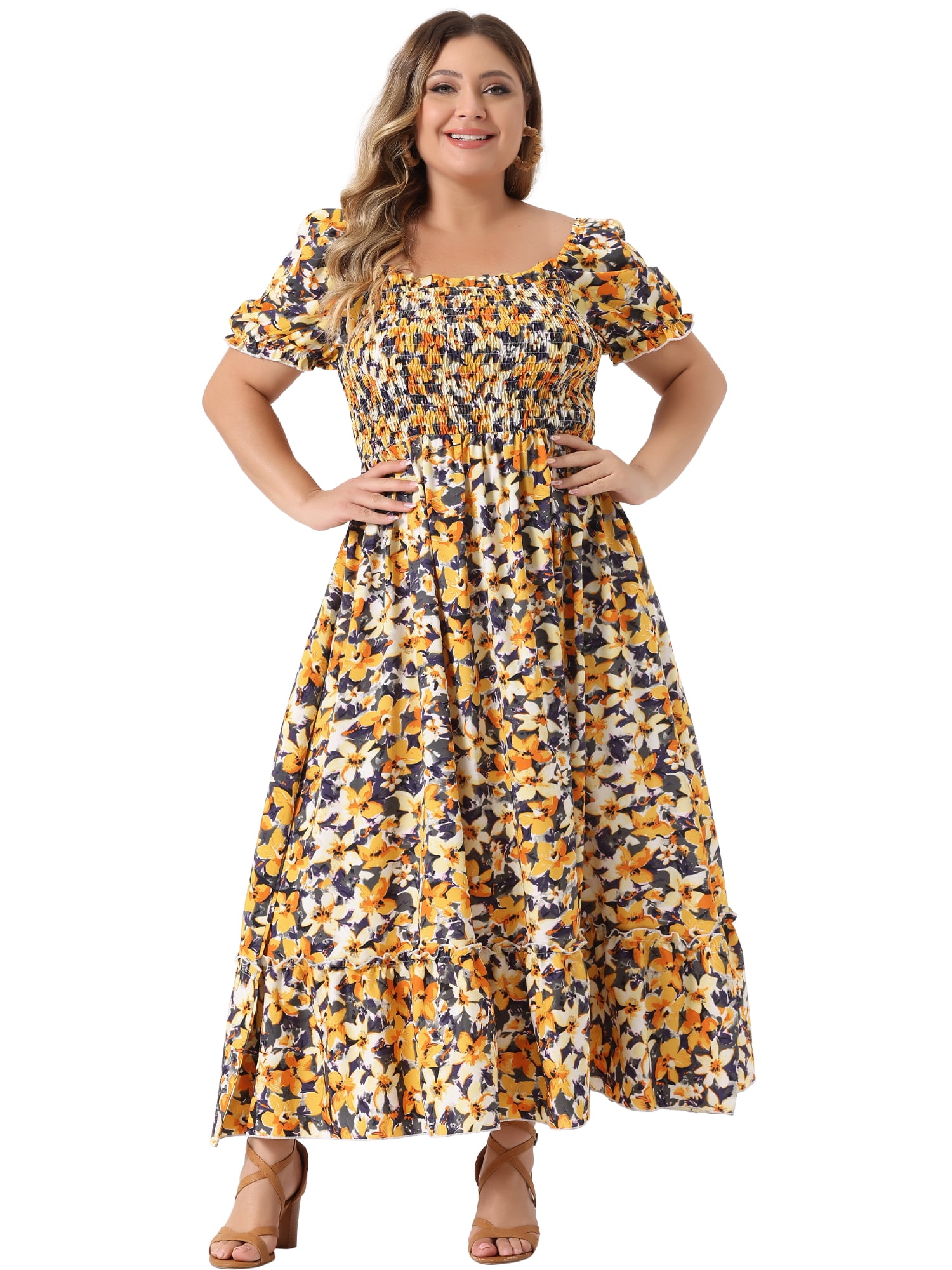DARING DIVA Women's Plus Size Short Sleeve Square Neck Maxi Floral Dress 1X Yellow