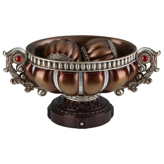 9 in. Polyresin Decorative Bowl with Orbs, Reddish Bronze & Silver