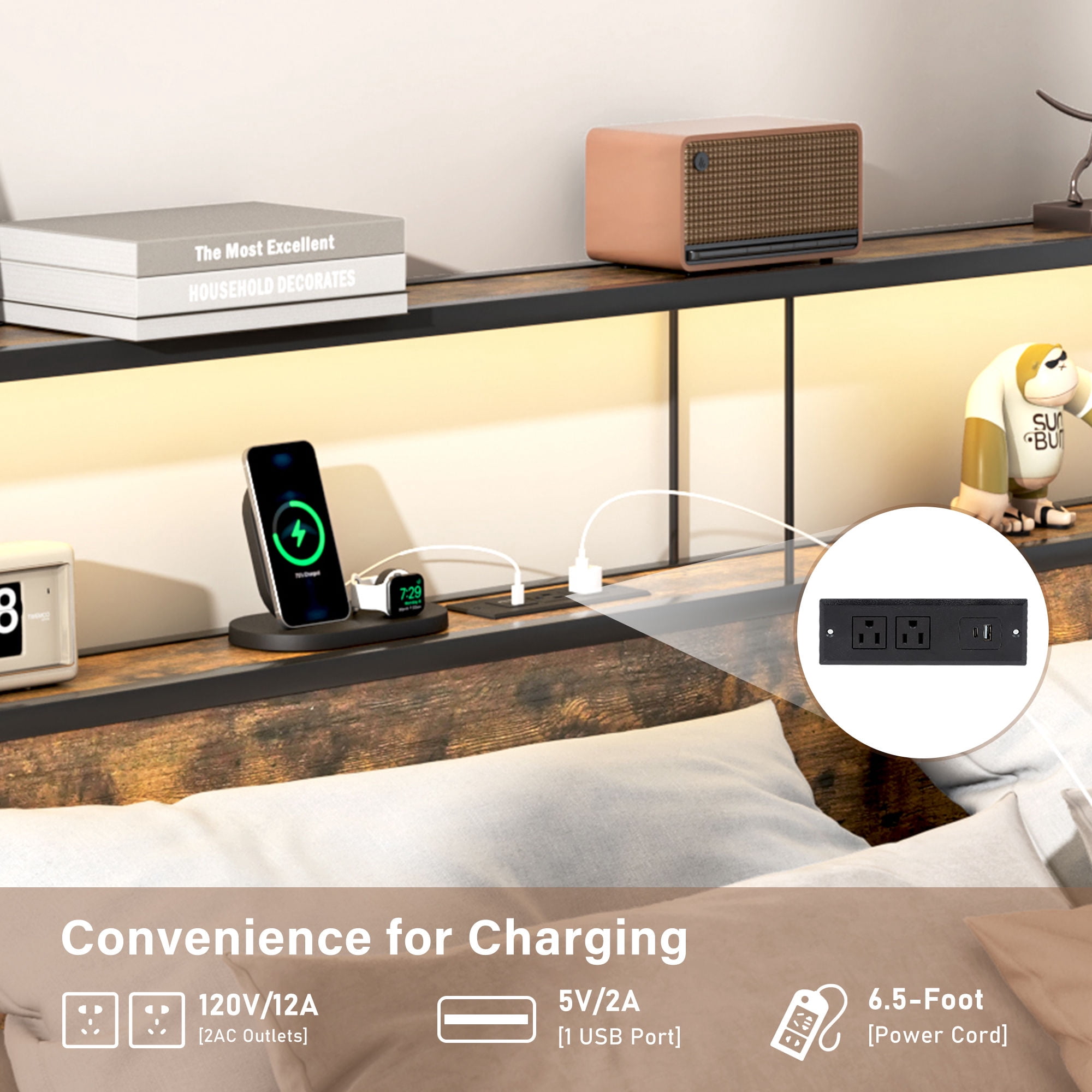 LED Full Bed Frame with Storage Headboard & 4 Drawers, Industrial Metal Platform Bed with Power Charging Station & USB Ports