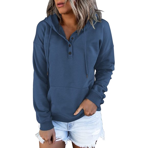 DondPO Essentials Hoodie Hoodies for Women Long Down Pocket Hooded Sweatshirts Pullover Sleeve Button V Drawstring Hoodies Neck Sweatshirts Long Sleeve Shirts Sweatshirt for Women Blue XXL
