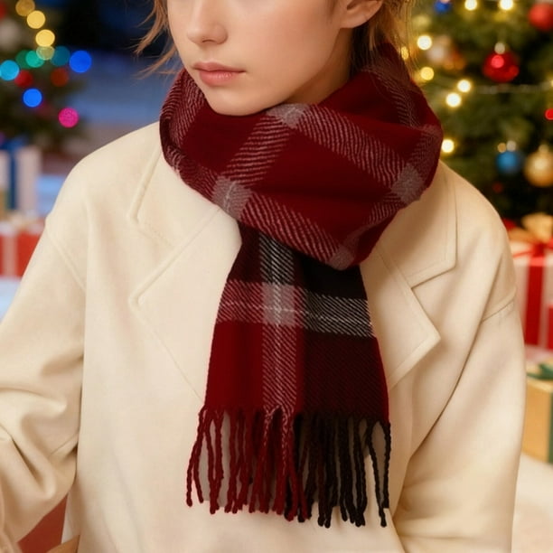 Bufanda de invierno cálida para mujer, tipo chal grande, ideal para clima frío. Bufanda larga de punto grueso a cuadros en negro y rojo. Manta tipo bufanda con flecos, suave y ligera, unisex.