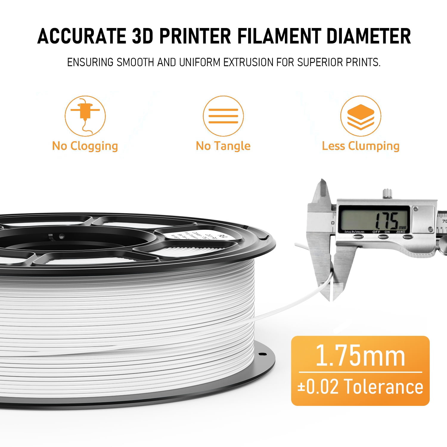 White PLA 3D Printer Filament 1.75mm, 1KG Spool, +/- 0.02mm Dimensional Accuracy, No-Clogging & Easy to Print,Works With 99% Of FDM 3d Printers