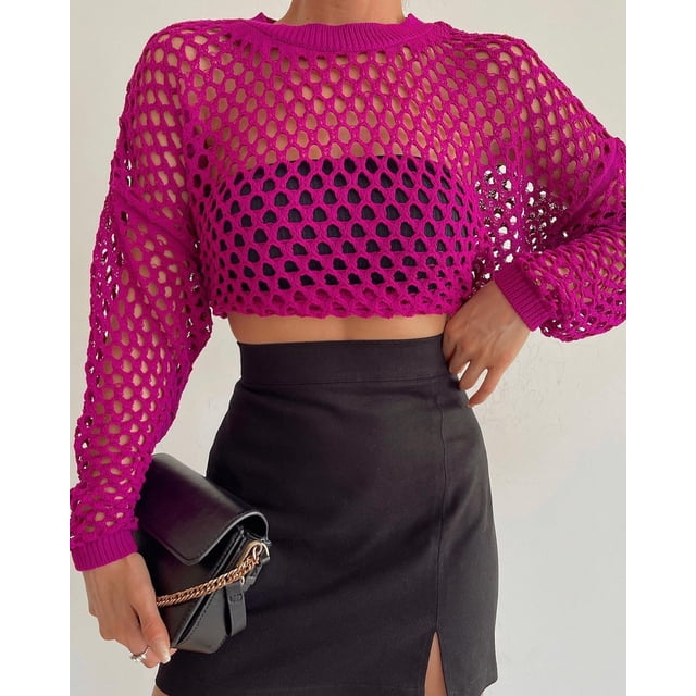 Suéter de primavera y verano con mangas de cuerno, suéter holgado de cuello redondo y hueco para mujer