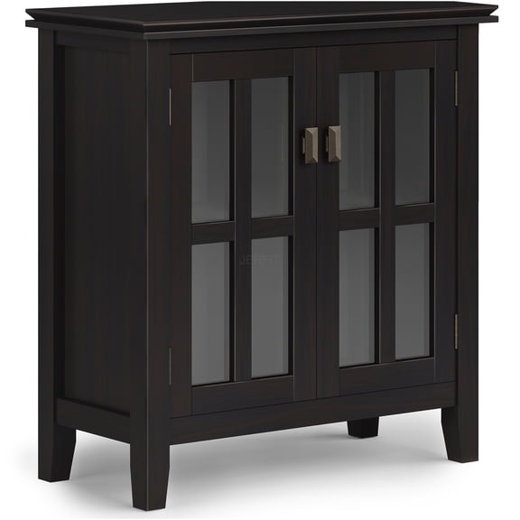 JERFIT Modern Low Profile Storage Cabinet with Glass Doors, Dark Brown Wood Console for Living Room, Entryway, Dining Room